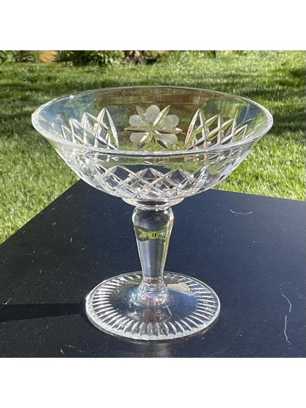 Vintage Lead Crystal Pedestal Compote Cut Diamond & Floral Pattern